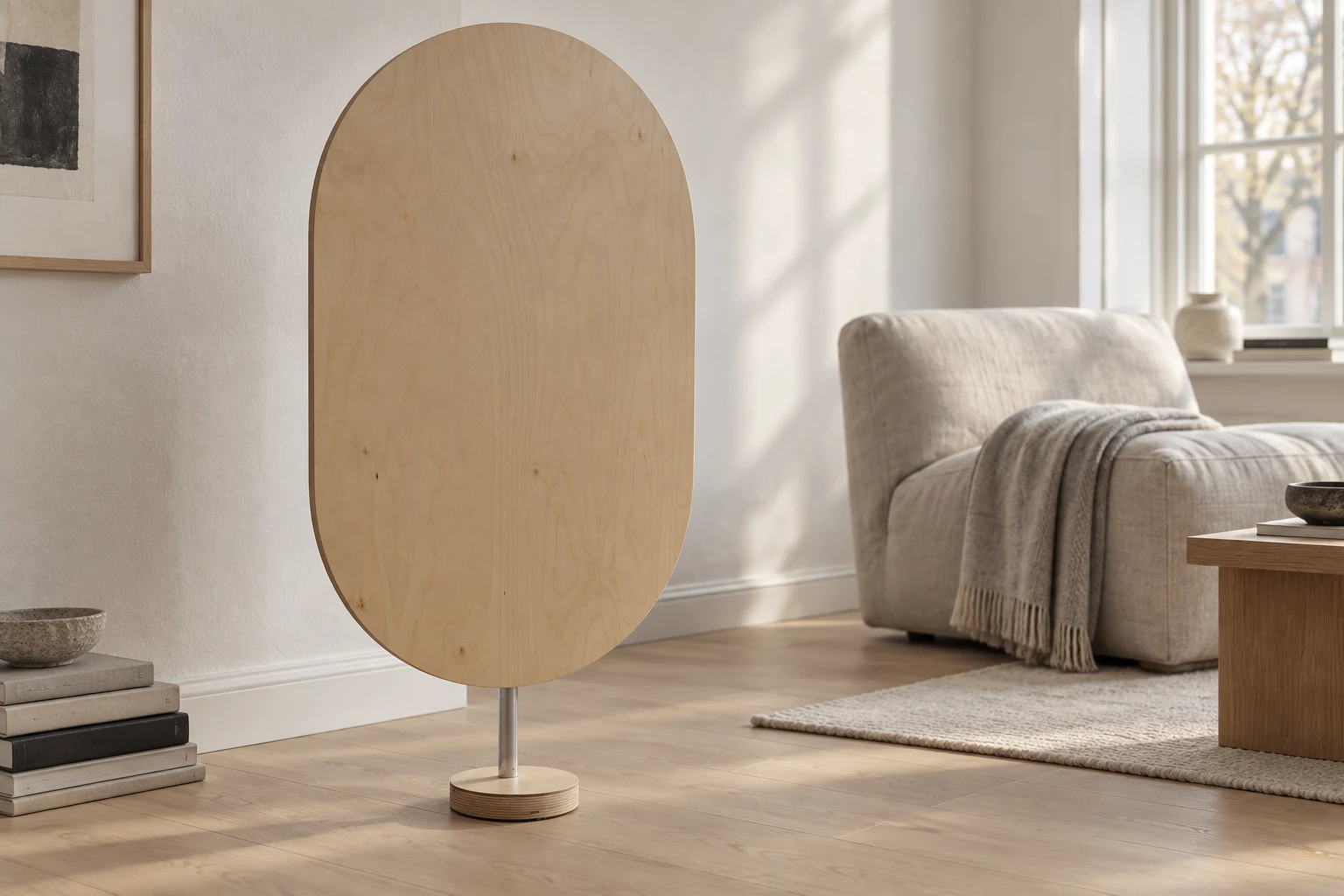 The birch speaker beside a linen sofa in a warm, light-filled room